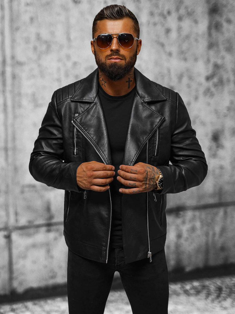 Ανδρικό δερμάτινο μπουφάν μαύρο OZONEE JS/11Z8067