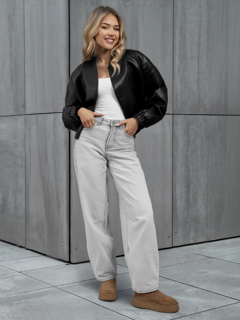 Γυναικείο δερμάτινο μπουφάν μαύρο OZONEE JS/11Z8281Z