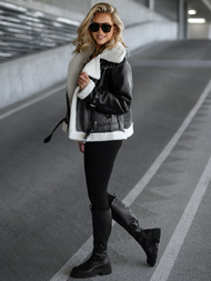 Γυναικείο δερμάτινο μπουφάν μαύρο-λευκό OZONEE JS/11Z8177Z