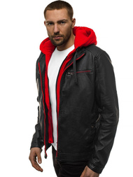 Ανδρικό δερμάτινο μπουφάν μαύρο-Κόκκινο OZONEE N/6129Z