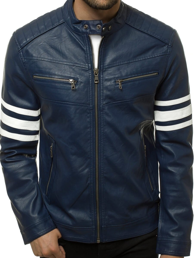 Ανδρικό δερμάτινο μπουφάν ναυτικό μπλε OZONEE YD/BF59359