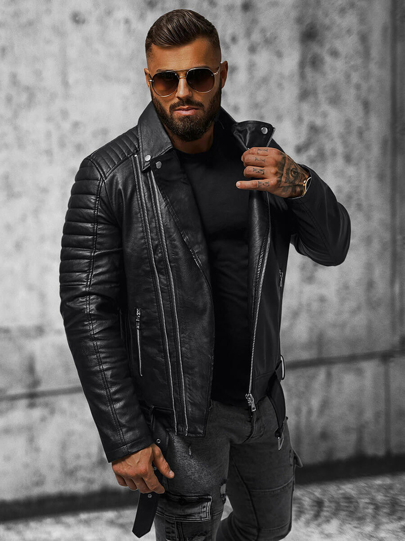 Ανδρικό δερμάτινο μπουφάν μαύρο OZONEE JS/11Z8005Z