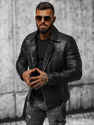 Ανδρικό δερμάτινο μπουφάν μαύρο OZONEE JS/11Z8005Z