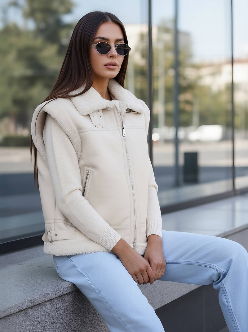 Γυναικείο δερμάτινο αμάνικο μπουφάν μπεζ OZONEE JS/61M8503/280Z