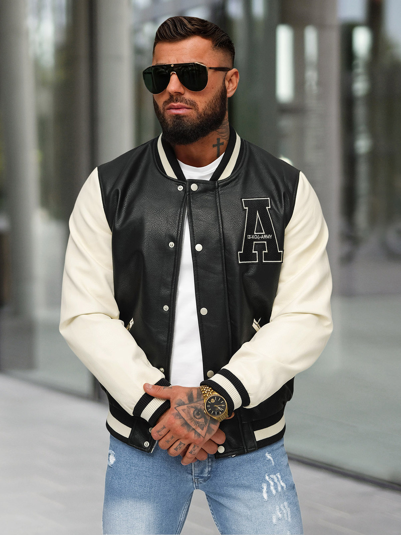 Ανδρικό δερμάτινο μπουφάν μαύρο-λευκό OZONEE JS/11Z8112Z