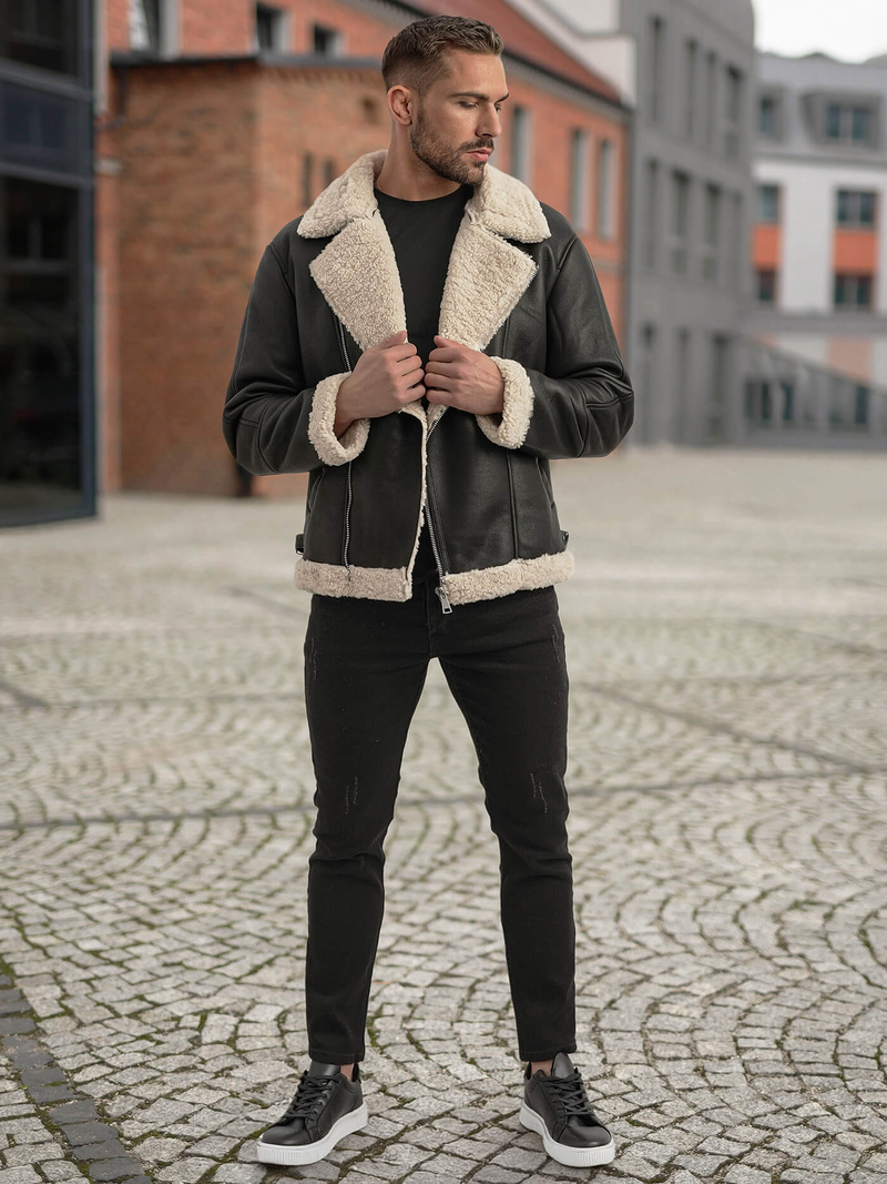 Ανδρικό δερμάτινο μπουφάν μαύρο OZONEE JS/11Z8273