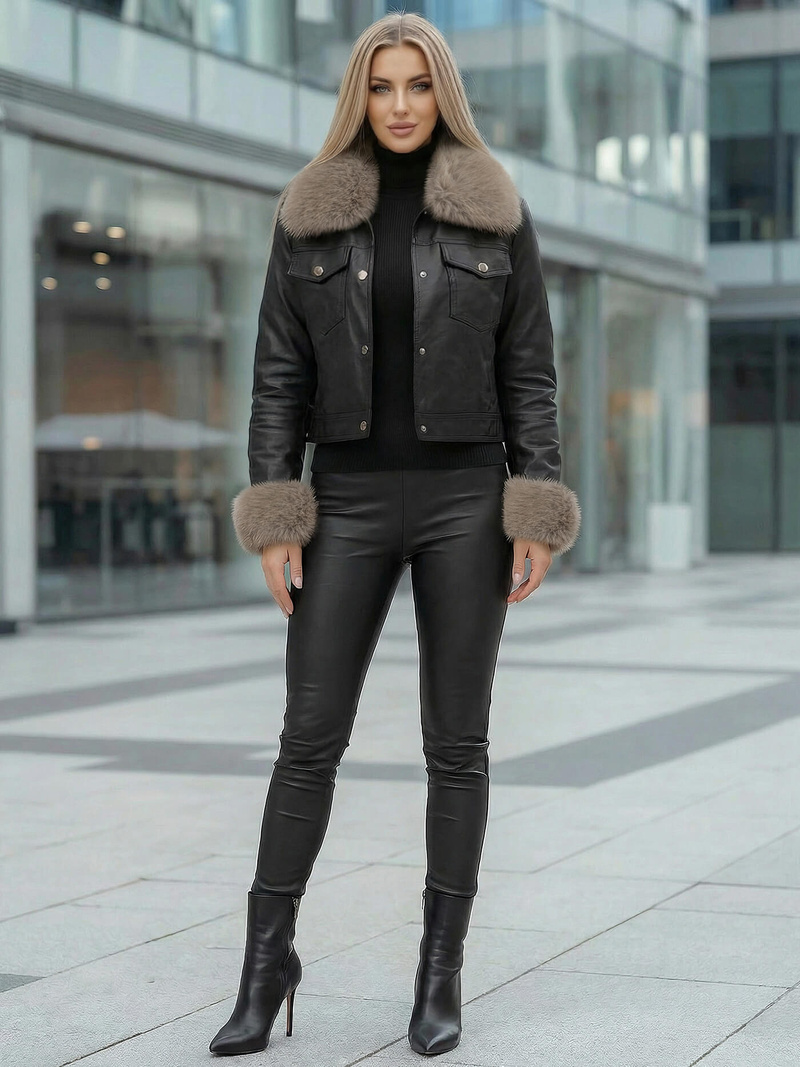 Γυναικείο δερμάτινο μπουφάν μαύρο-μπεζ OZONEE JS/61M8513/392B