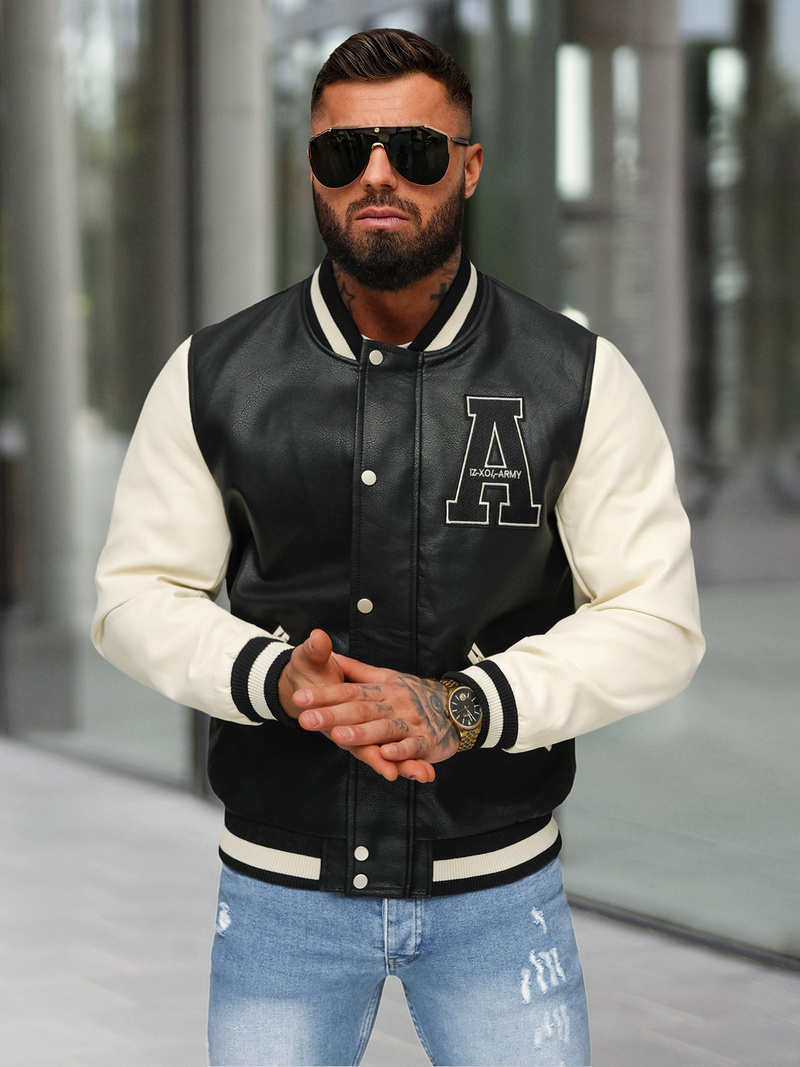 Ανδρικό δερμάτινο μπουφάν μαύρο-λευκό OZONEE JS/11Z8112Z