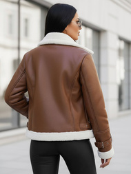 Γυναικείο δερμάτινο μπουφάν καφέ OZONEE JS/11Z8177Z
