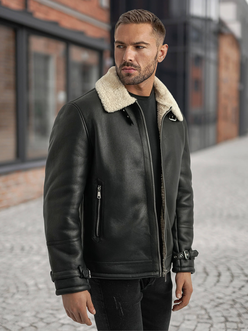 Ανδρικό δερμάτινο μπουφάν μαύρο OZONEE JS/11Z8271