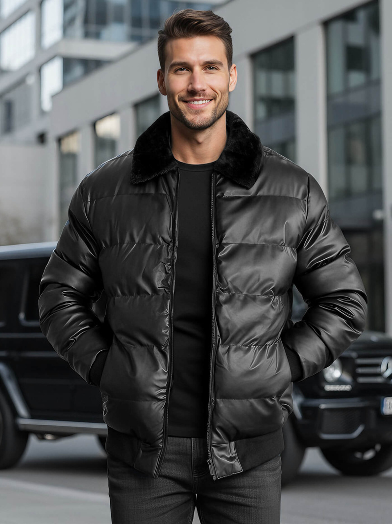Ανδρικό δερμάτινο μπουφάν μαύρο OZONEE O/M795Z