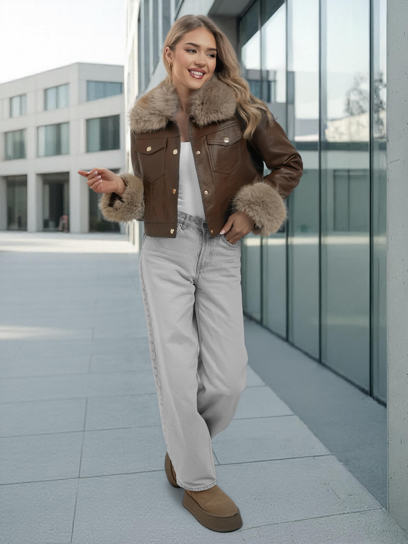 Γυναικείο δερμάτινο μπουφάν Σοκολάτα OZONEE JS/61M8513/158