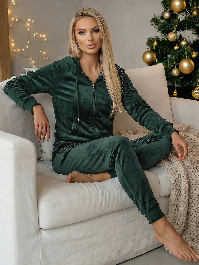 Γυναικείο βελούδινο σετ φόρμας Σκούρο πράσινο OZONEE JS/8C1176/9Z