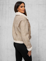 Γυναικείο δερμάτινο μπουφάν μπεζ OZONEE O/81331Z