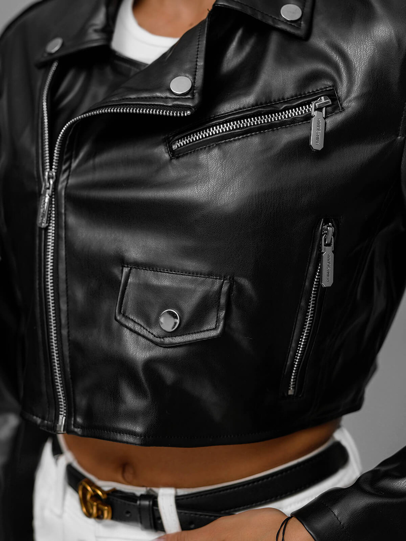 Γυναικείο δερμάτινο μπουφάν μαύρο OZONEE JS/11Z8189Z