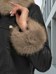 Γυναικείο δερμάτινο μπουφάν μαύρο-μπεζ OZONEE JS/61M8513/392B