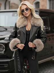 Γυναικείο δερμάτινο μπουφάν μαύρο-μπεζ OZONEE JS/61M8512/392BZ