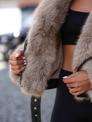 Γυναικείο δερμάτινο μπουφάν μαύρο-μπεζ OZONEE JS/61M8510/392B