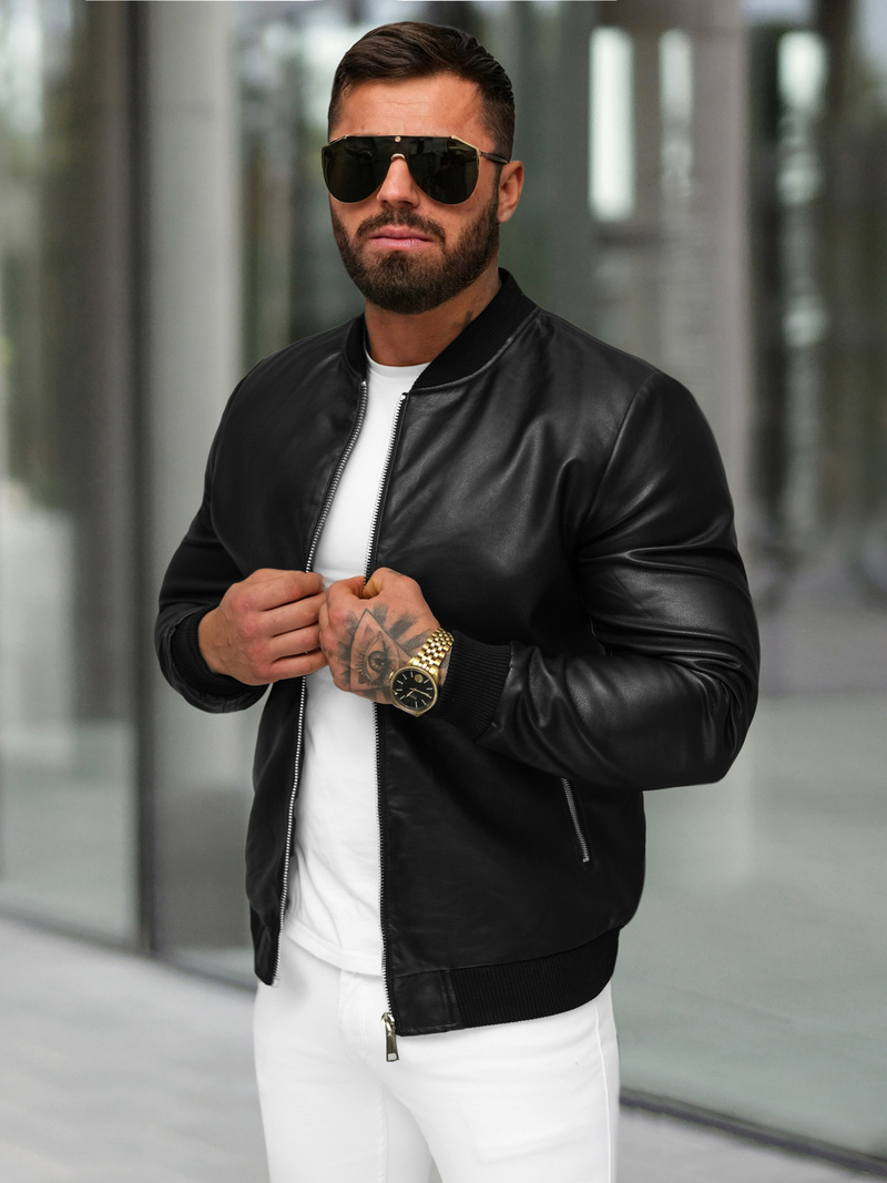 Ανδρικό δερμάτινο μπουφάν μαύρο OZONEE JS/11Z8107