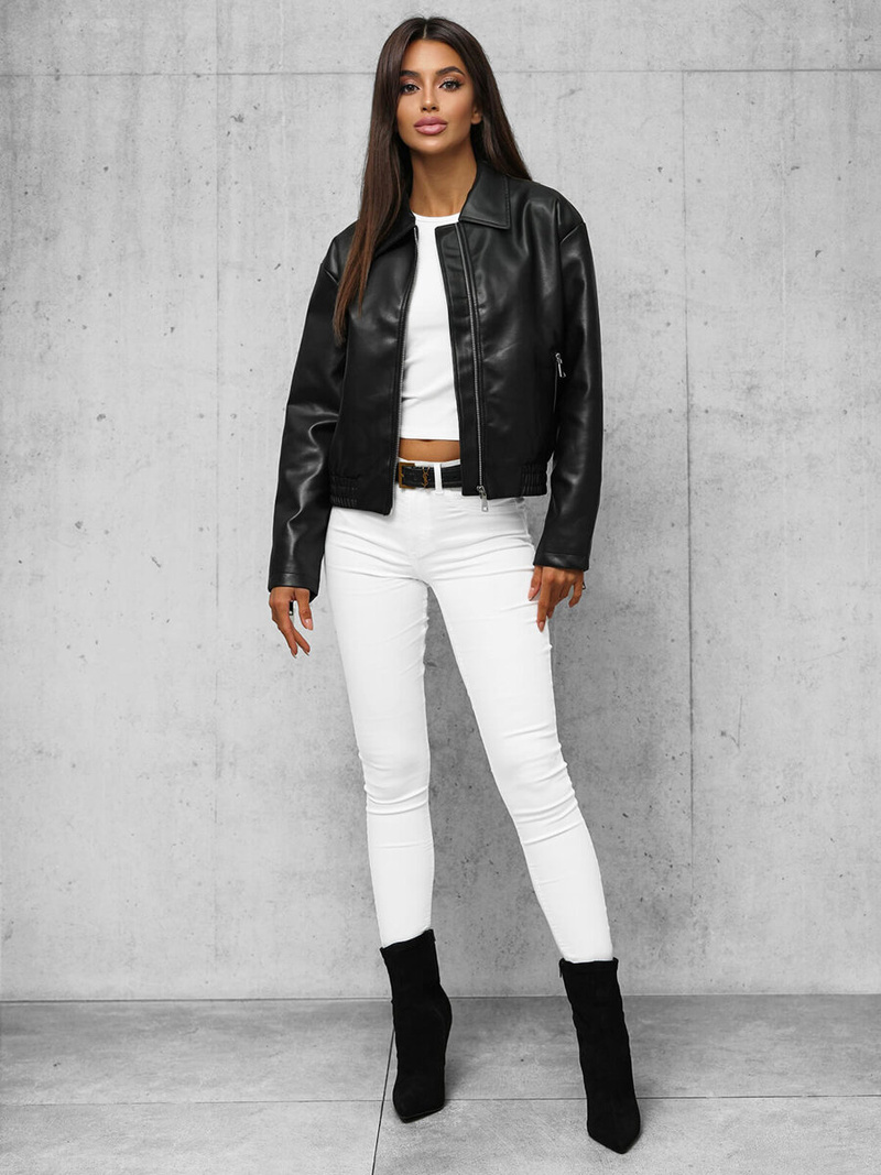 Γυναικείο δερμάτινο μπουφάν μαύρο OZONEE O/G116Z