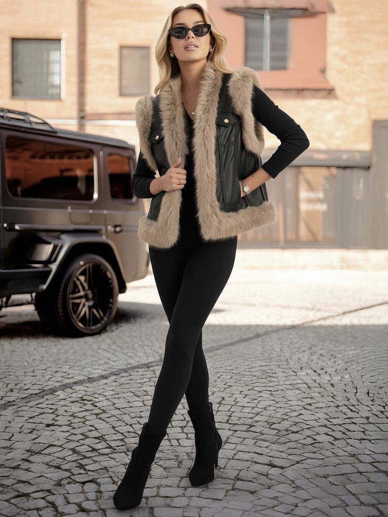 Γυναικείο δερμάτινο αμάνικο μπουφάν μαύρο OZONEE JS/61M8516/392