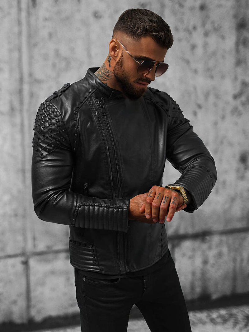 Ανδρικό δερμάτινο μπουφάν μαύρο OZONEE O/8901