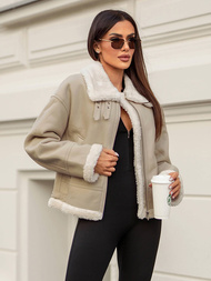 Γυναικείο δερμάτινο μπουφάν μπεζ OZONEE JS/11Z8178