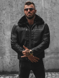 Ανδρικό δερμάτινο μπουφάν μαύρο OZONEE JS/11Z8013Z