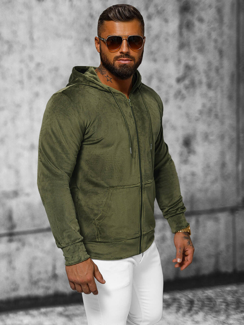 Ανδρικό βελούδινο Φούτερ με Kουκούλα Xακί OZONEE JS/8B1168/29