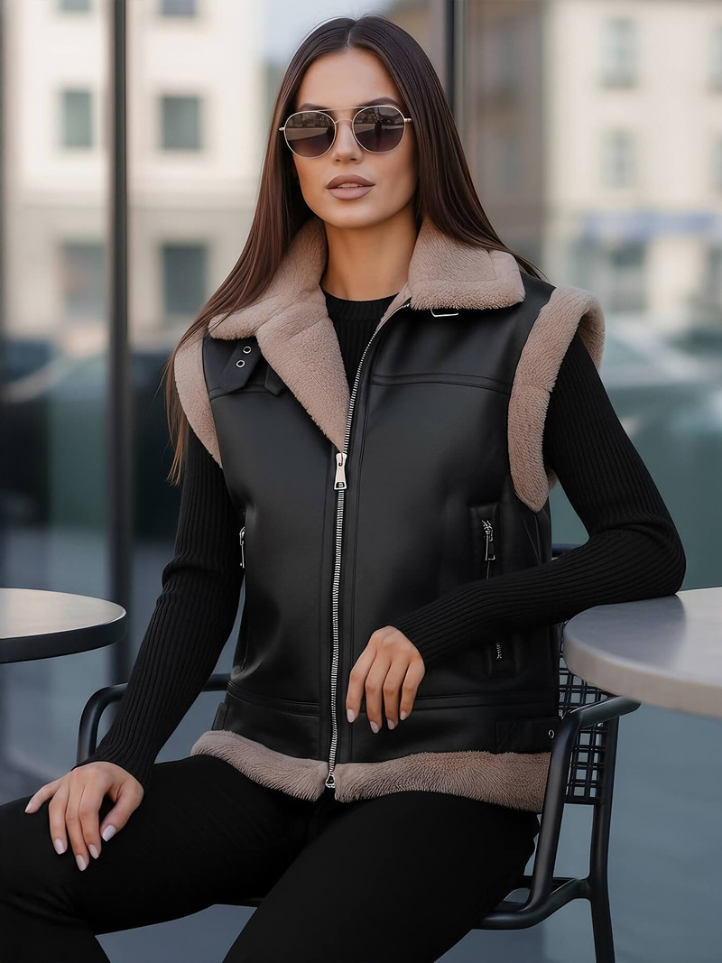 Γυναικείο δερμάτινο αμάνικο μπουφάν μαύρο OZONEE JS/61M8503/392Z