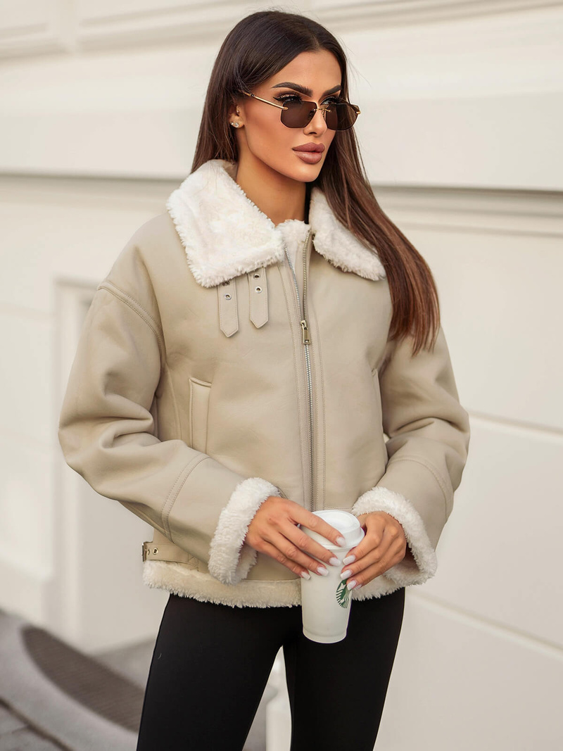 Γυναικείο δερμάτινο μπουφάν μπεζ OZONEE JS/11Z8178