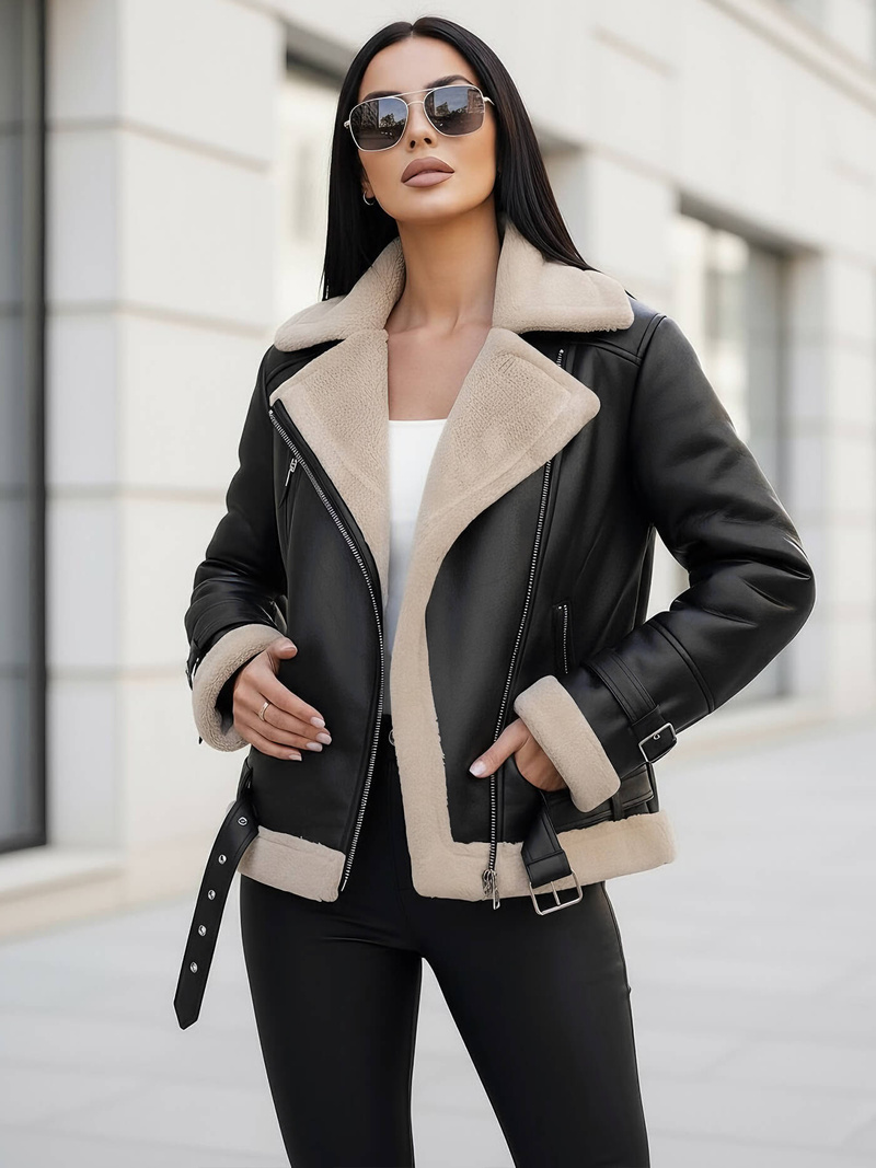 Γυναικείο δερμάτινο μπουφάν μαύρο-μπεζ OZONEE JS/11Z8177Z