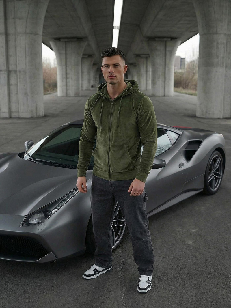 Ανδρικό βελούδινο Φούτερ με Kουκούλα Xακί OZONEE JS/8B1168/29Z