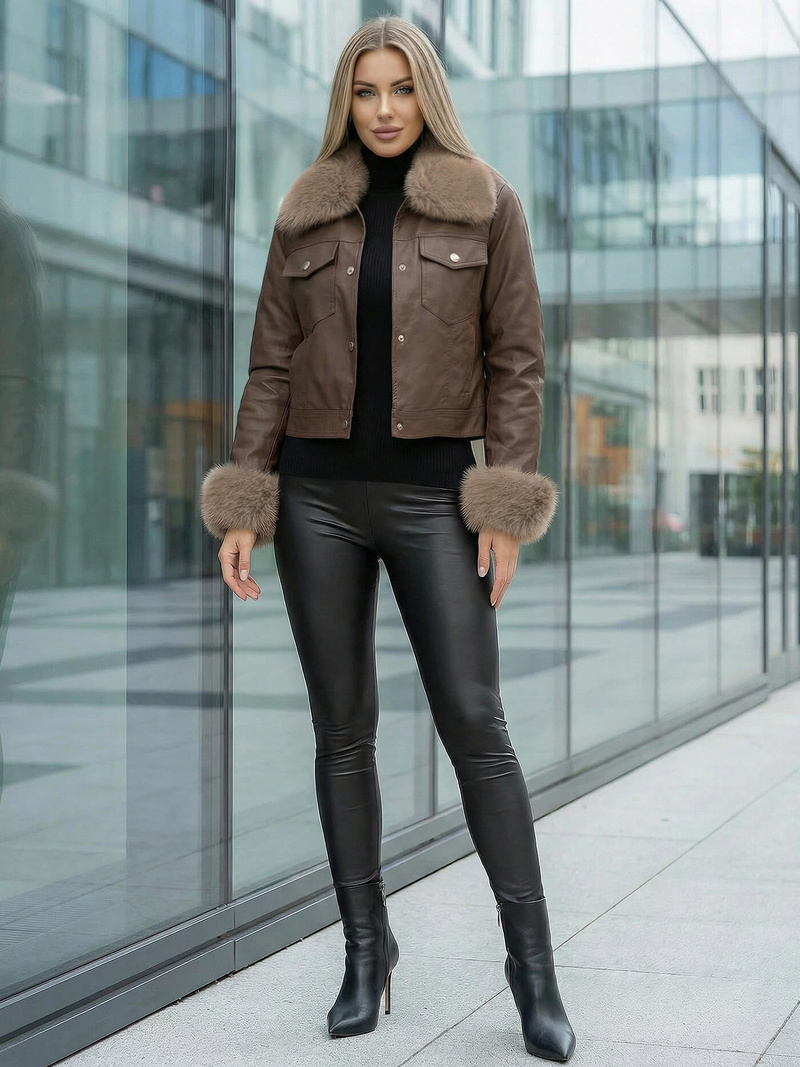 Γυναικείο δερμάτινο μπουφάν Σοκολάτα OZONEE JS/61M8513/158