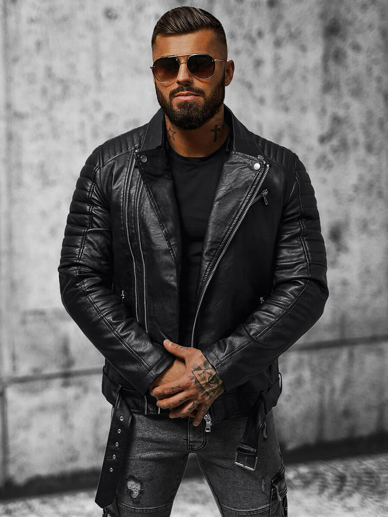 Ανδρικό δερμάτινο μπουφάν μαύρο OZONEE JS/11Z8005Z
