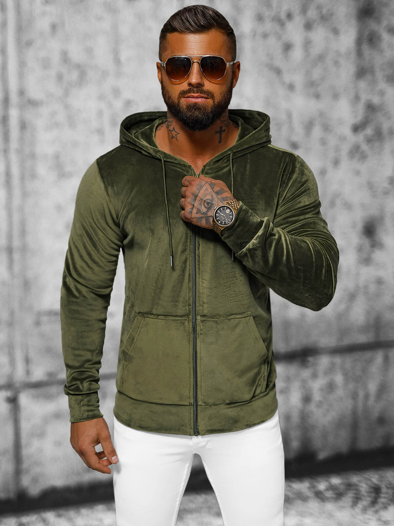 Ανδρικό βελούδινο Φούτερ με Kουκούλα Xακί OZONEE JS/8B1168/29