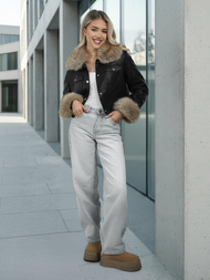 Γυναικείο δερμάτινο μπουφάν μαύρο-μπεζ OZONEE JS/61M8513/392B