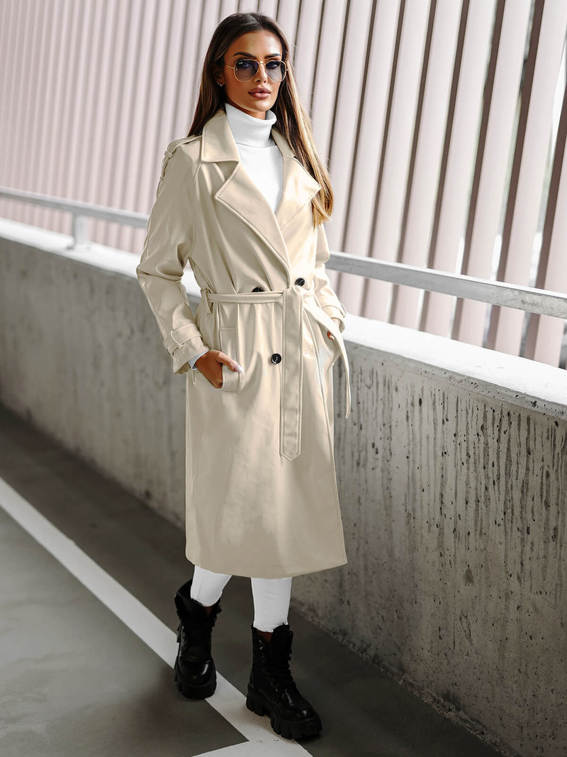 Γυναικείο δερμάτινο παλτό ανοιχτό μπεζ OZONEE JS/11Z8100