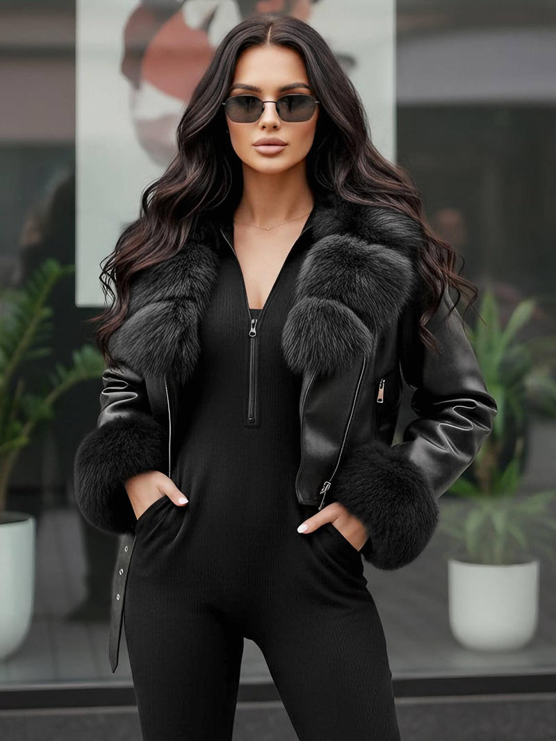 Γυναικείο δερμάτινο μπουφάν μαύρο OZONEE JS/61M8511/392AZ