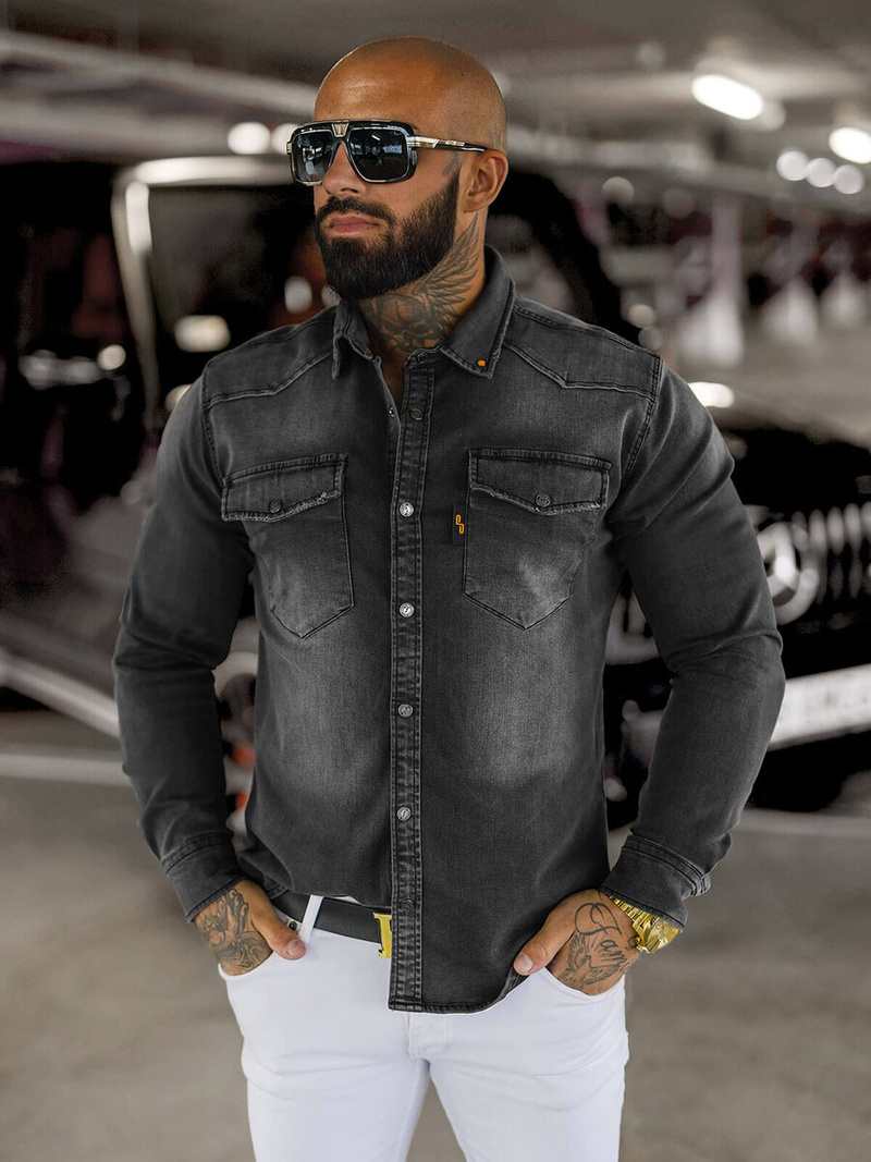 Ανδρικό τζιν πουκάμισο γραφίτη OZONEE O/51413