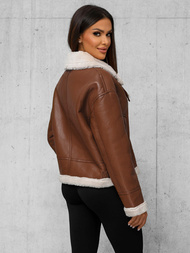 Γυναικείο δερμάτινο μπουφάν καφέ OZONEE JS/11Z8176Z