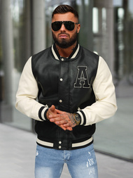 Ανδρικό δερμάτινο μπουφάν μαύρο-λευκό OZONEE JS/11Z8112Z