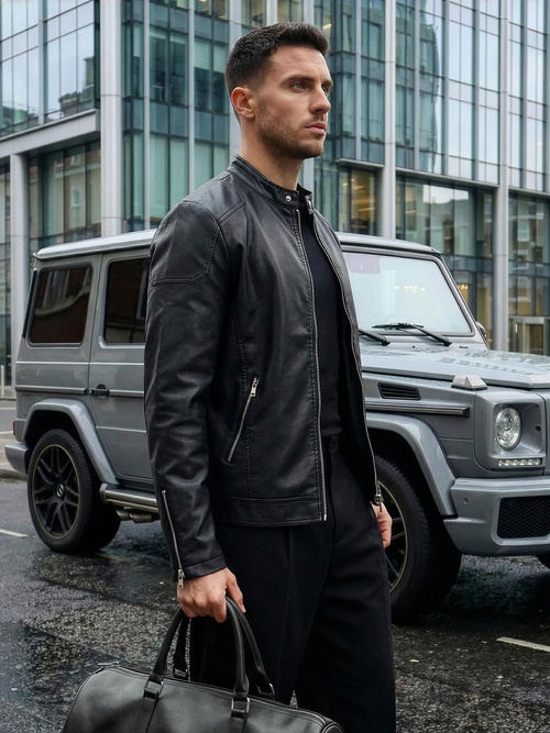Ανδρικό δερμάτινο μπουφάν μαύρο OZONEE JS/11Z8027