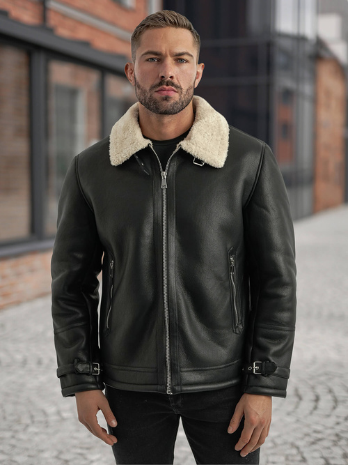 Ανδρικό δερμάτινο μπουφάν μαύρο OZONEE JS/11Z8271