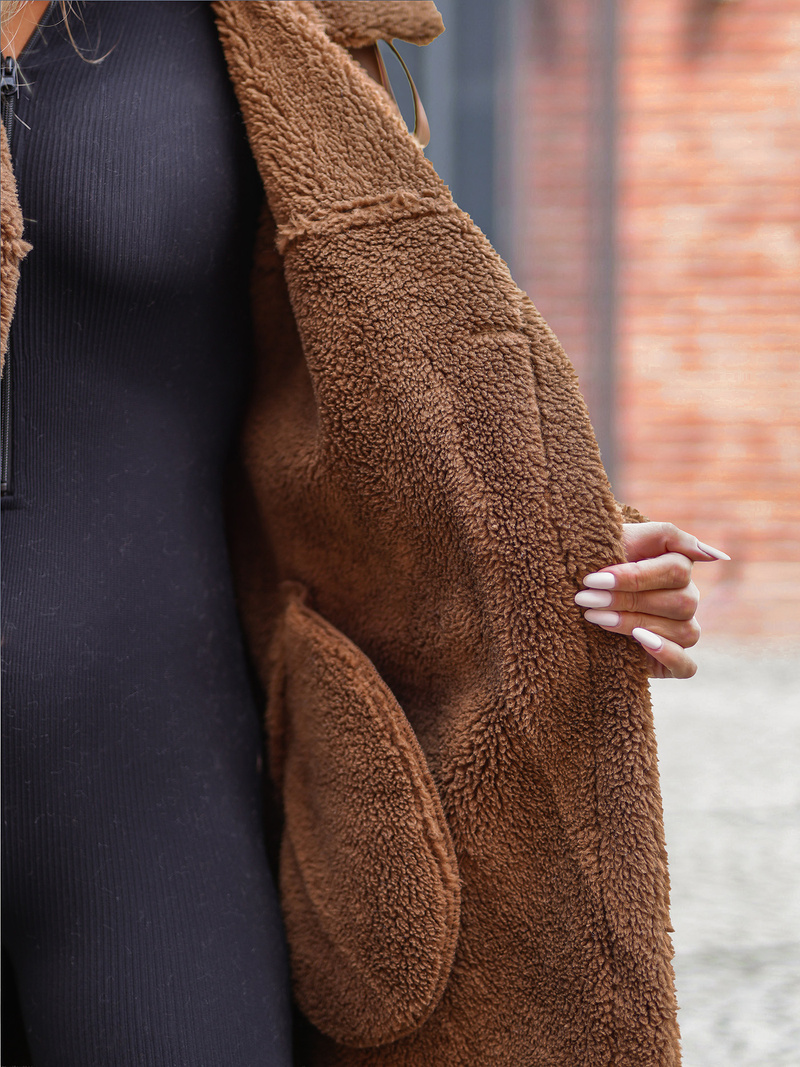 Γυναικείο δερμάτινο παλτό kαμήλα OZONEE JS/11Z8253