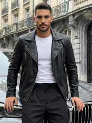 Ανδρικό δερμάτινο μπουφάν μαύρο OZONEE JS/11Z8067Z