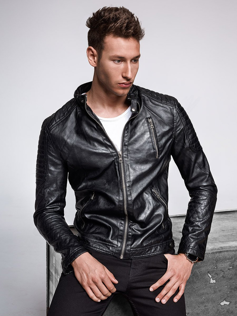 Ανδρικό δερμάτινο μπουφάν μαύρο OZONEE YD/BF5916309Z