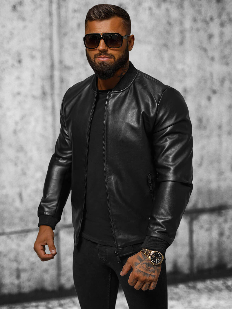Ανδρικό δερμάτινο μπουφάν μαύρο OZONEE JS/11Z8105