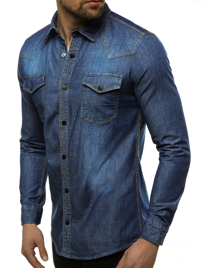 Ανδρικό τζιν πουκάμισο σκούρο-μπλε OZONEE R/3053