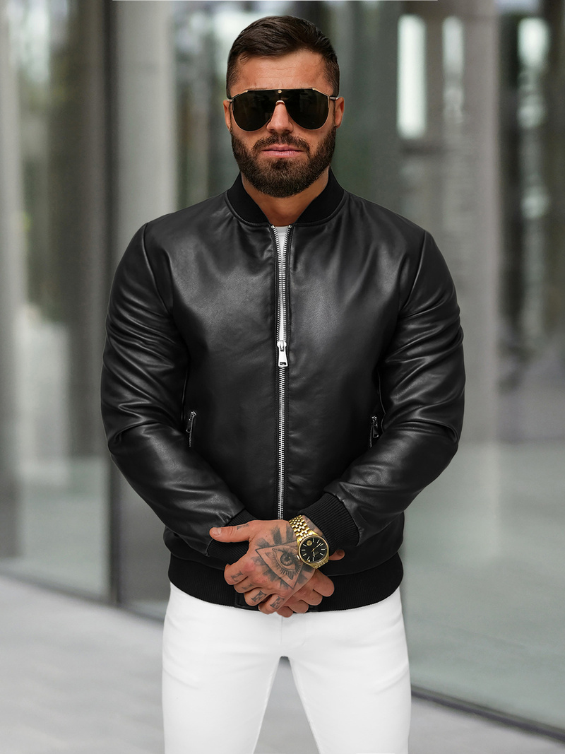 Ανδρικό δερμάτινο μπουφάν μαύρο OZONEE JS/11Z8107